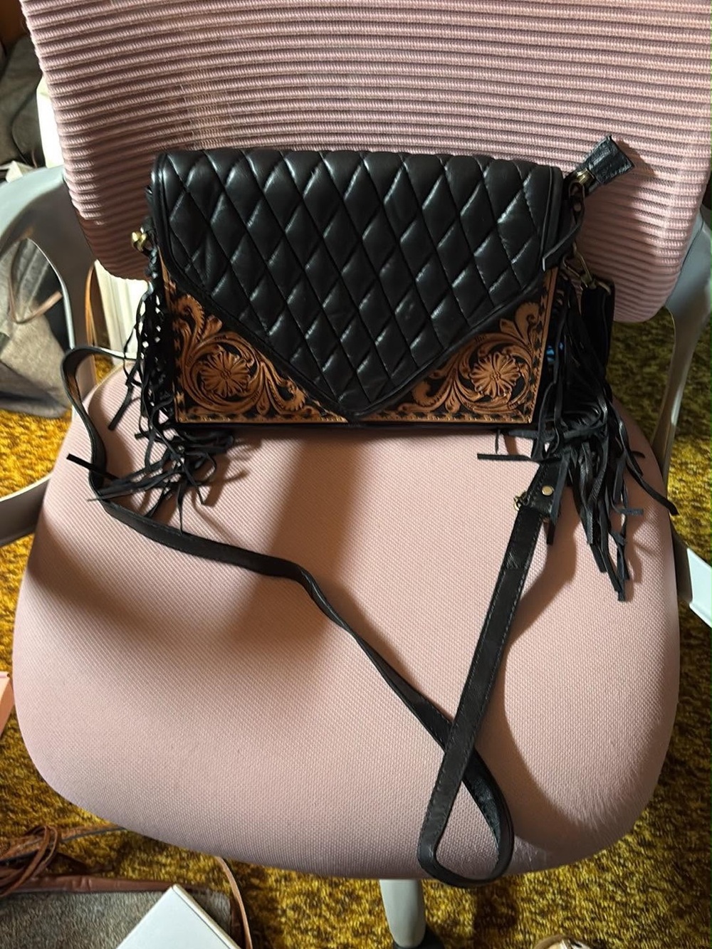 Black Quilted Leather Crossbody Bag with Brown Tooled Accent